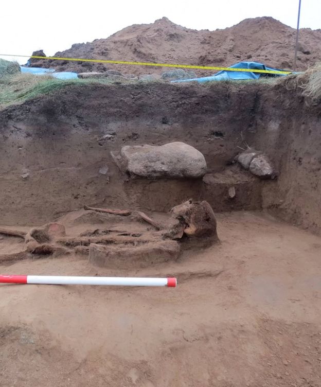 Foto: El esqueleto del hombre sin manos, al ser descubierto (Foto: Arqueología Isla de Guernsey)