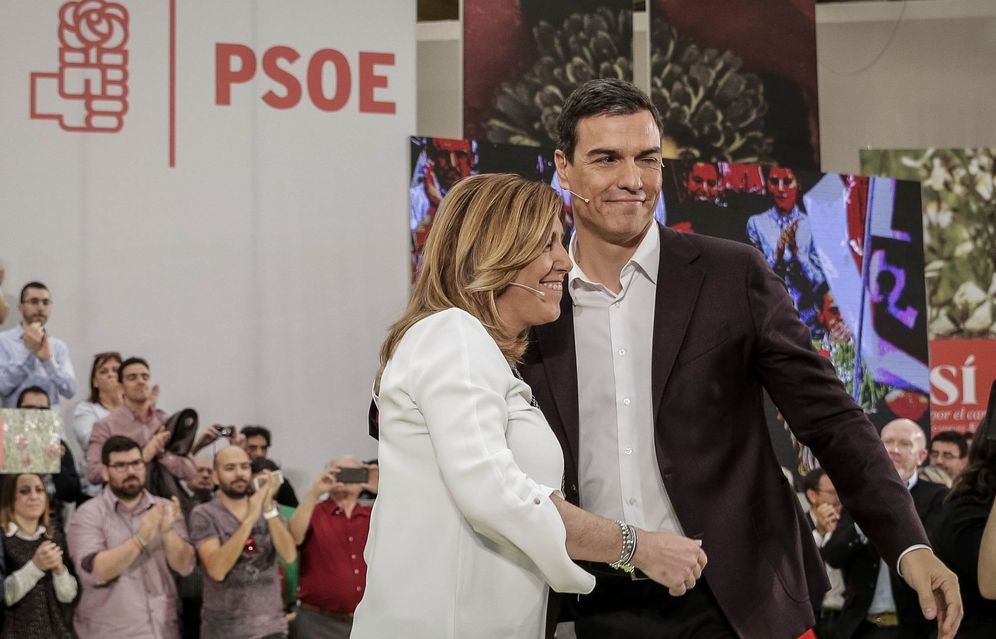 Foto: Pedro Sánchez y Susana Díaz, en el mitin de proclamación del secretario general como candidato a La Moncloa, el pasado 14 de mayo en Móstoles, Madrid. (EFE)