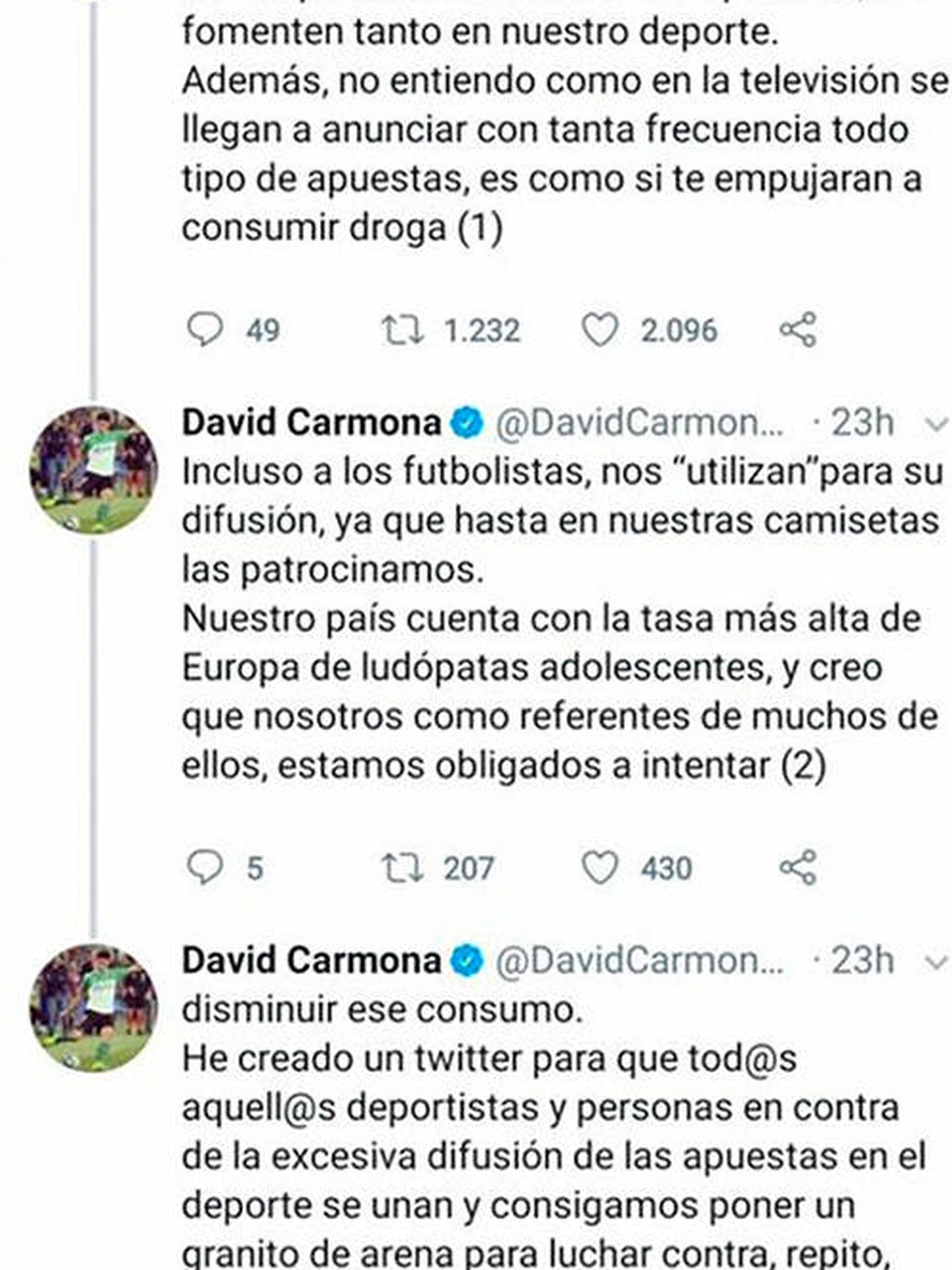La cadena de tuits borrada por el futbolista del Racing de Santander. (Twitter)