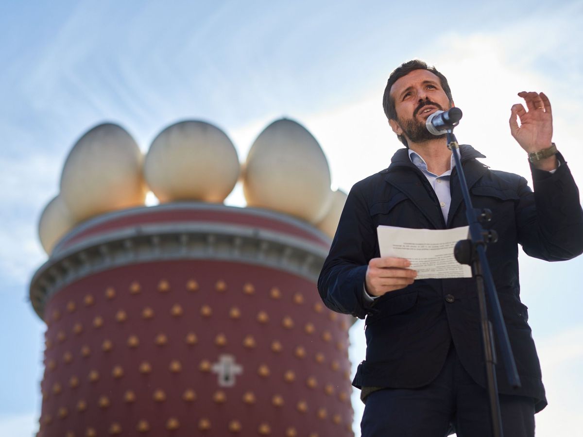 Foto: El líder del PP, Pablo Casado, este martes durante un acto de la campaña del 14-F en Figueres. (EFE)