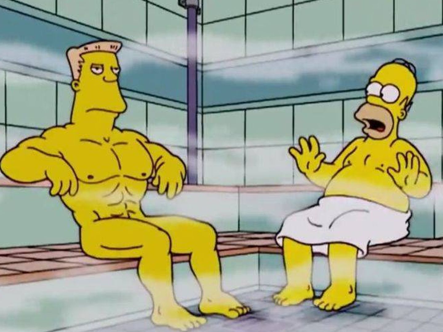 Rainier Wolfcastle y Homer Simpson comparten sauna