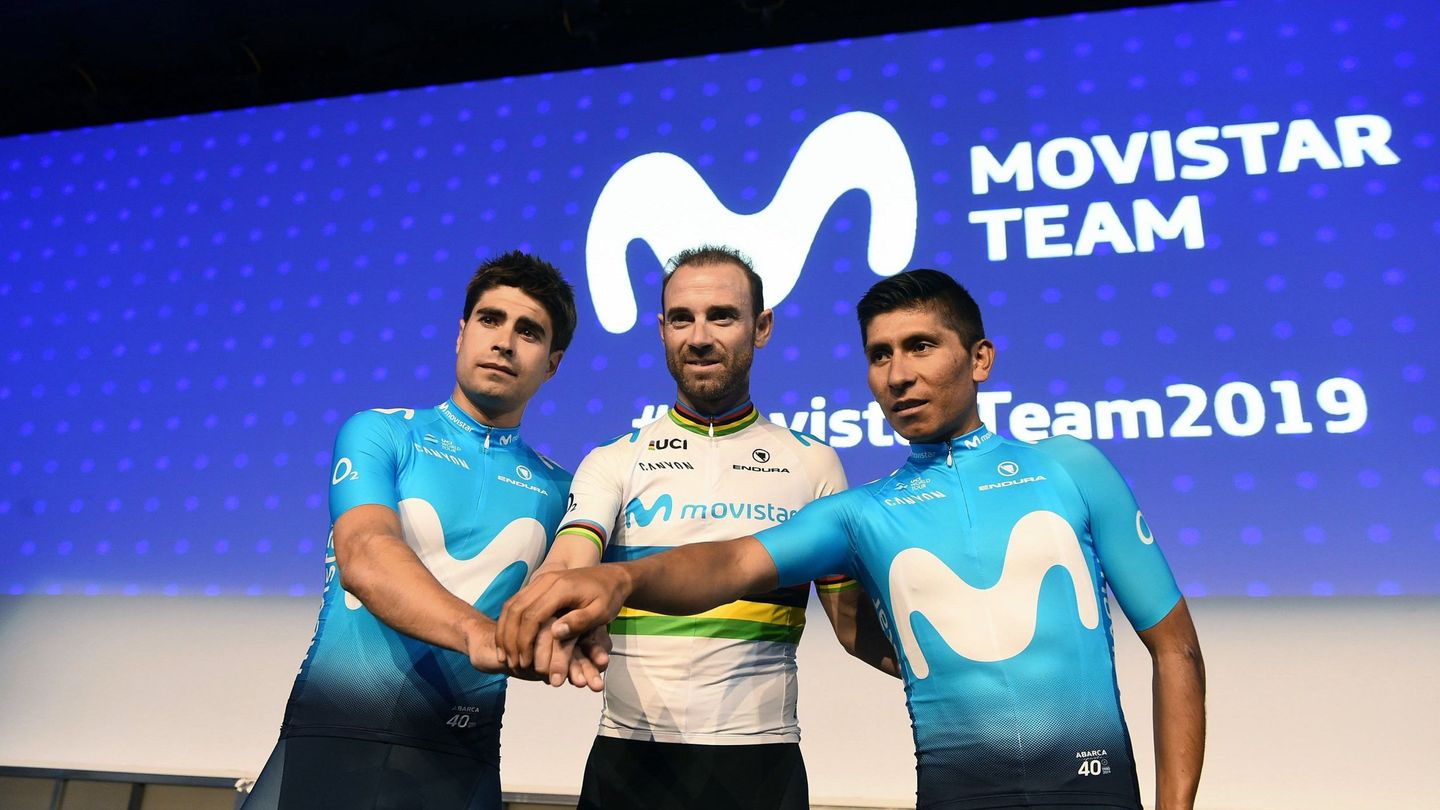 Los tres líderes del Movistar, durante la presentación del equipo este curso. (EFE)