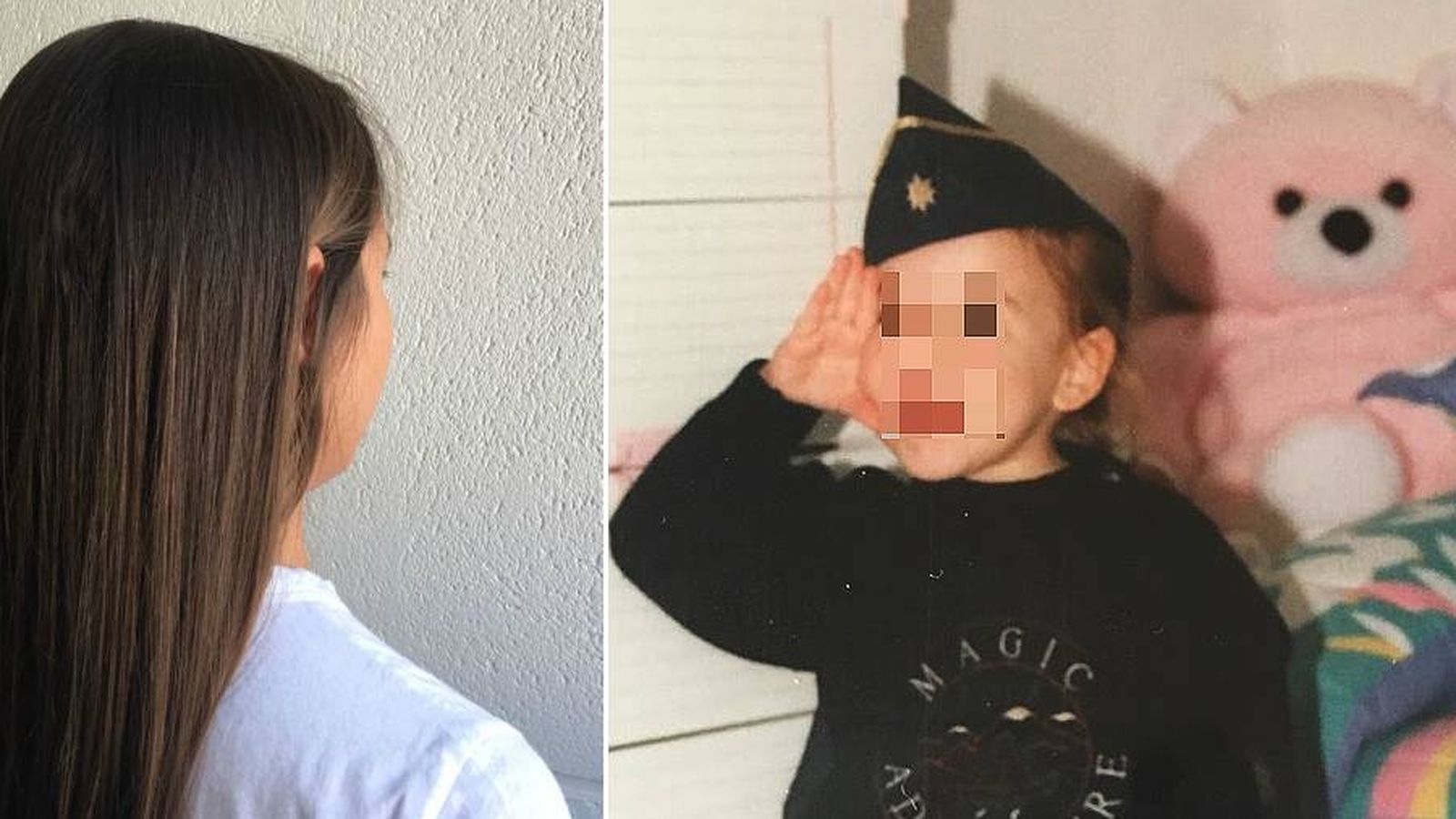 Foto: Begoña de espaldas (i) y de niña, posando como militar (d)