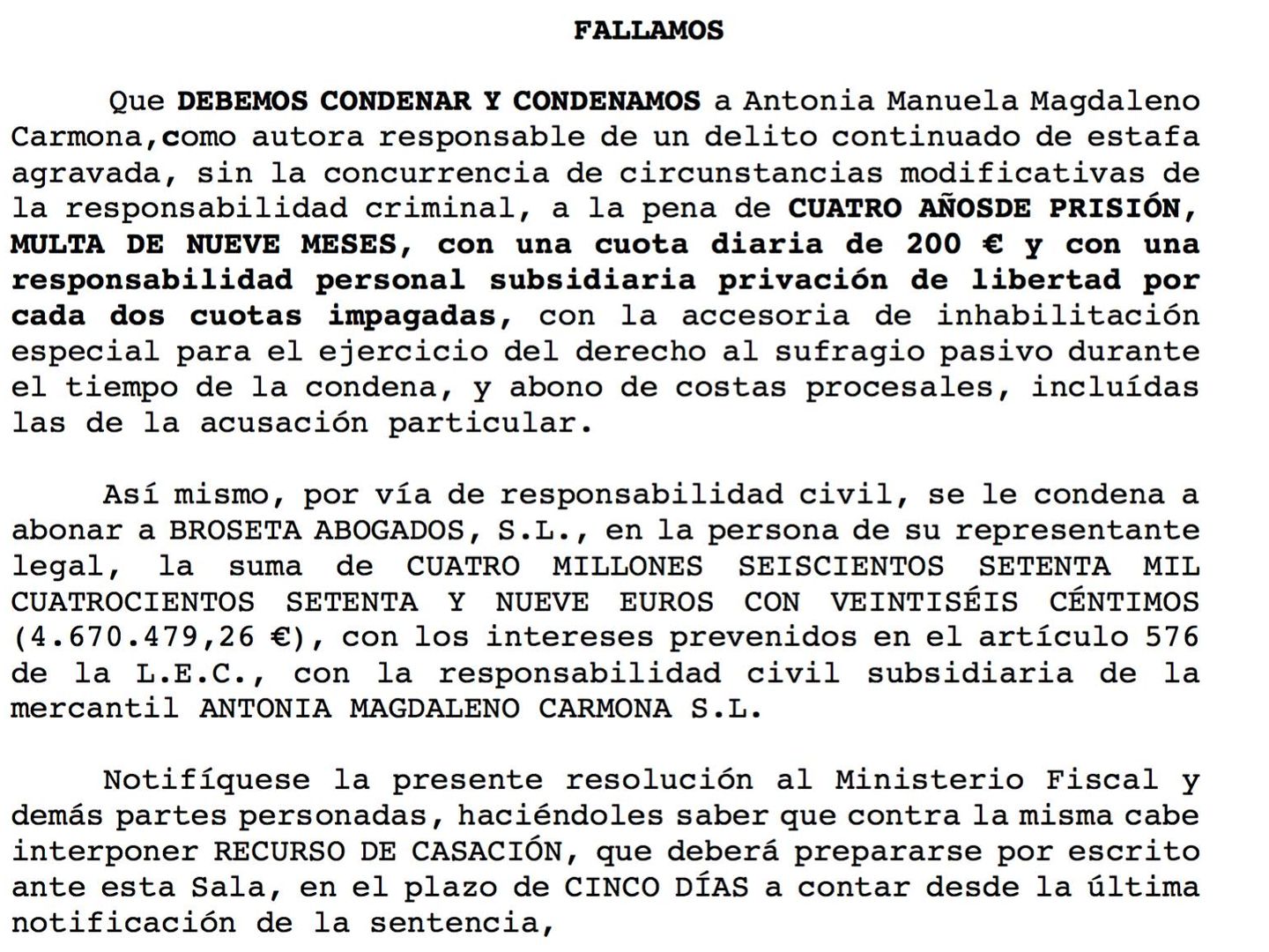 El fallo de la sentencia de la Audiencia Provincial de Valencia contra Antonia Magdaleno.