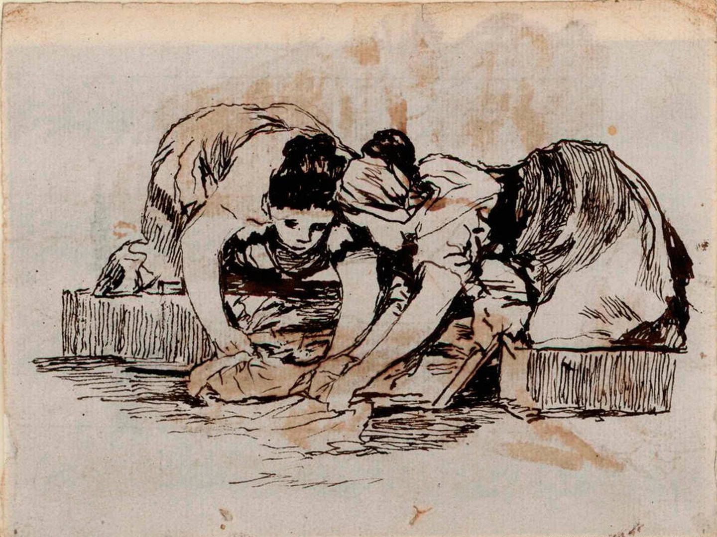 'Mujeres lavando', dibujo de formación de Francisco de Goya y Rosario Weiss. (BN)