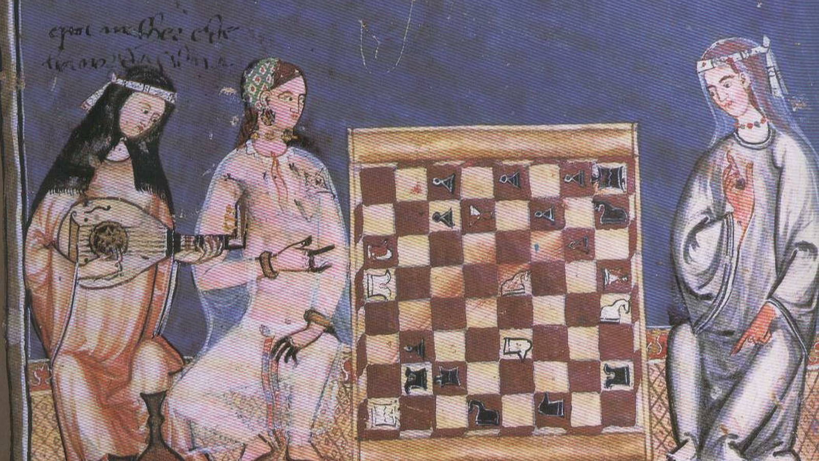 Mujeres moriscas jugando al ajedrez. Del Libro del axedrez dados et tablas de Alfonso X ('Libro de ajedrez, dados y tablas'), 1283. (Wikimedia)