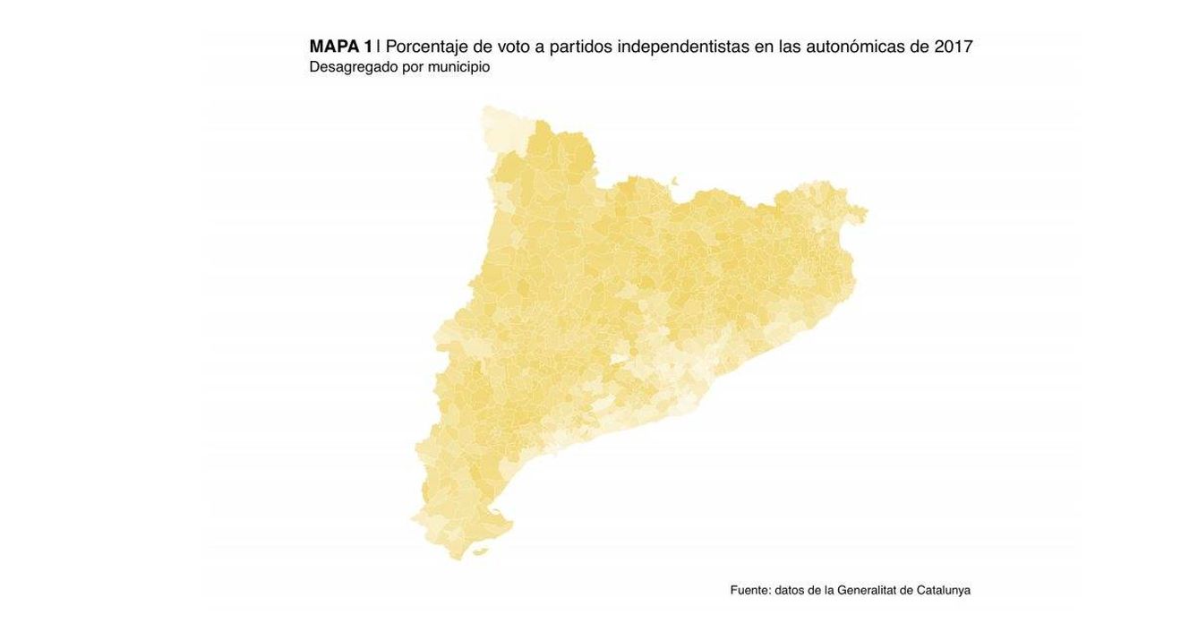 Porcentaje de voto a partidos independentistas en toda Cataluña.