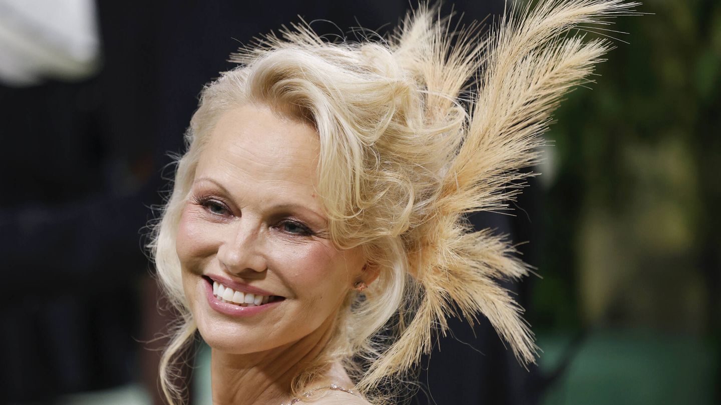 Pamela Anderson en la Gala MET con un moño con verdderas plumas. (Gtres/John Angelillo/UPI/Shutterstock)