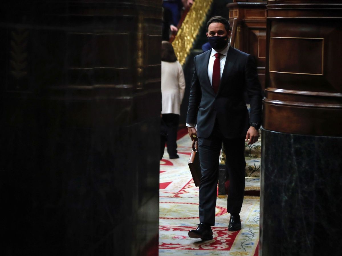 Foto: El líder de Vox, Santiago Abascal, durante la moción de censura de su partido al Gobierno de coalición en el Congreso este miércoles. (EFE)