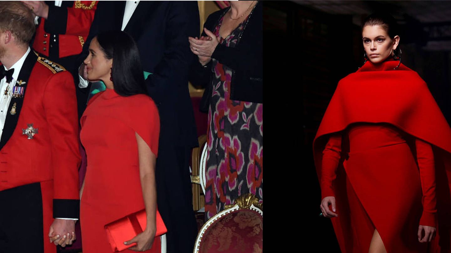 Meghan Markle luce un vestido muy similar al de Kaia Gerber en el desfile de Givenchy. (Reuters)