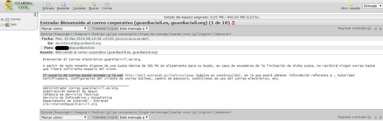 El Webmail 'hackeado' de la Guardia Civil