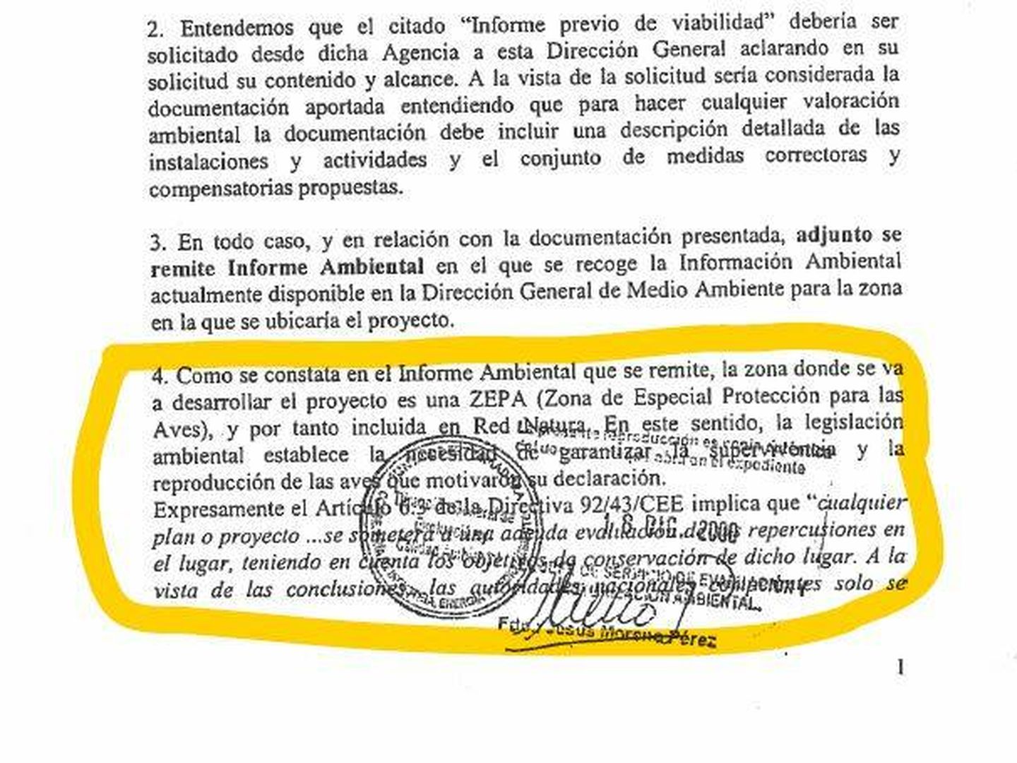 Documento de 2005 en el que la Junta reconoce la existencia de la ZEPA en Valdecañas.