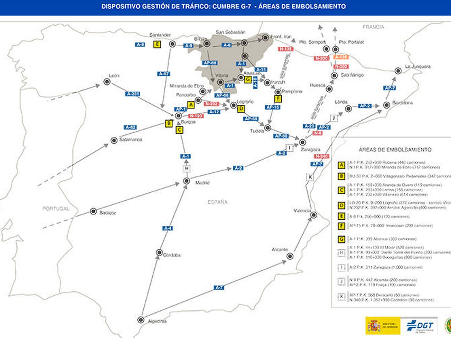 Mapa de las zonas de embolsamiento de vehículos pesados durante la cumbre de Biarritz. (DGT)