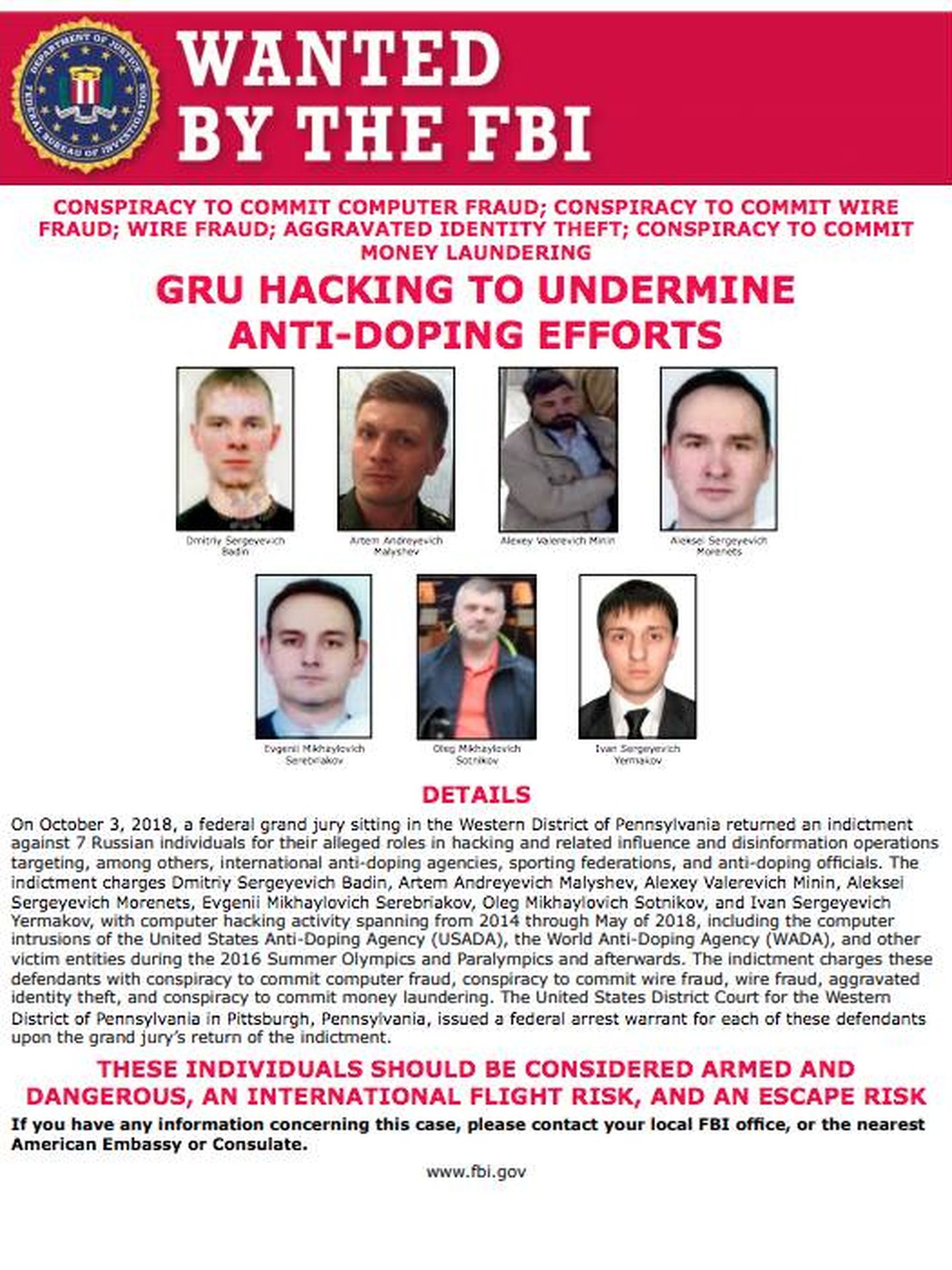 El cartel de 'se busca' con las caras de los siete supuestos espías rusos. (Departamento de Justicia de Estados Unidos)