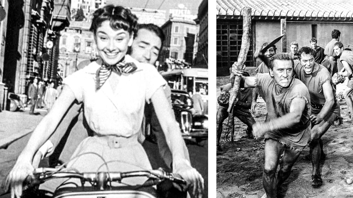 A la izquierda, mítico fotograma de 'Vacaciones en Roma' (1953), con Gregory Peck y Audrey Hepburn. Al lado, el actor Kirk Douglas en la película 'Espartaco' (1960), cuyo guión es obra de Dalton Trumbo