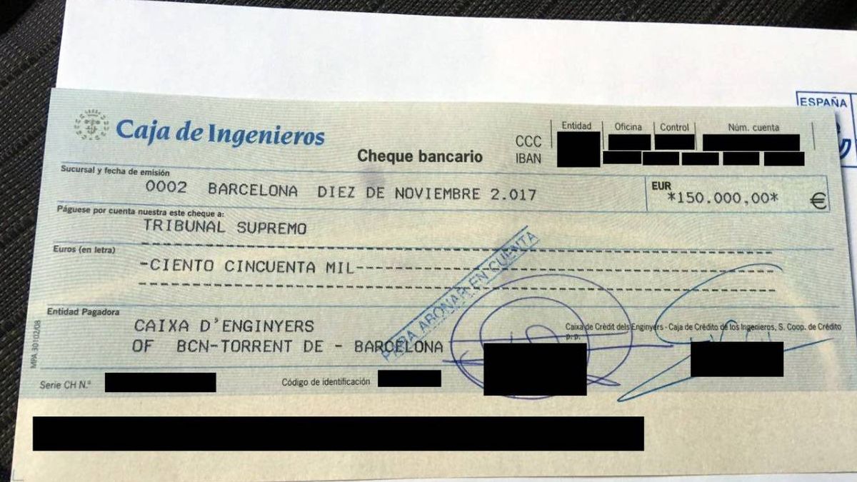 La ANC publica una foto del cheque con el que se ha pagado la fianza de Forcadell
