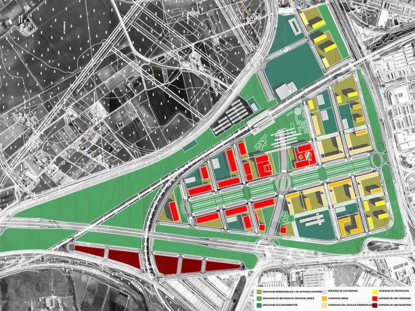 Imagen del desarrollo urbanístico propuesto sobre Buen Aire, con la autovía A4 a la derecha. (Andaluciainformacion.es)