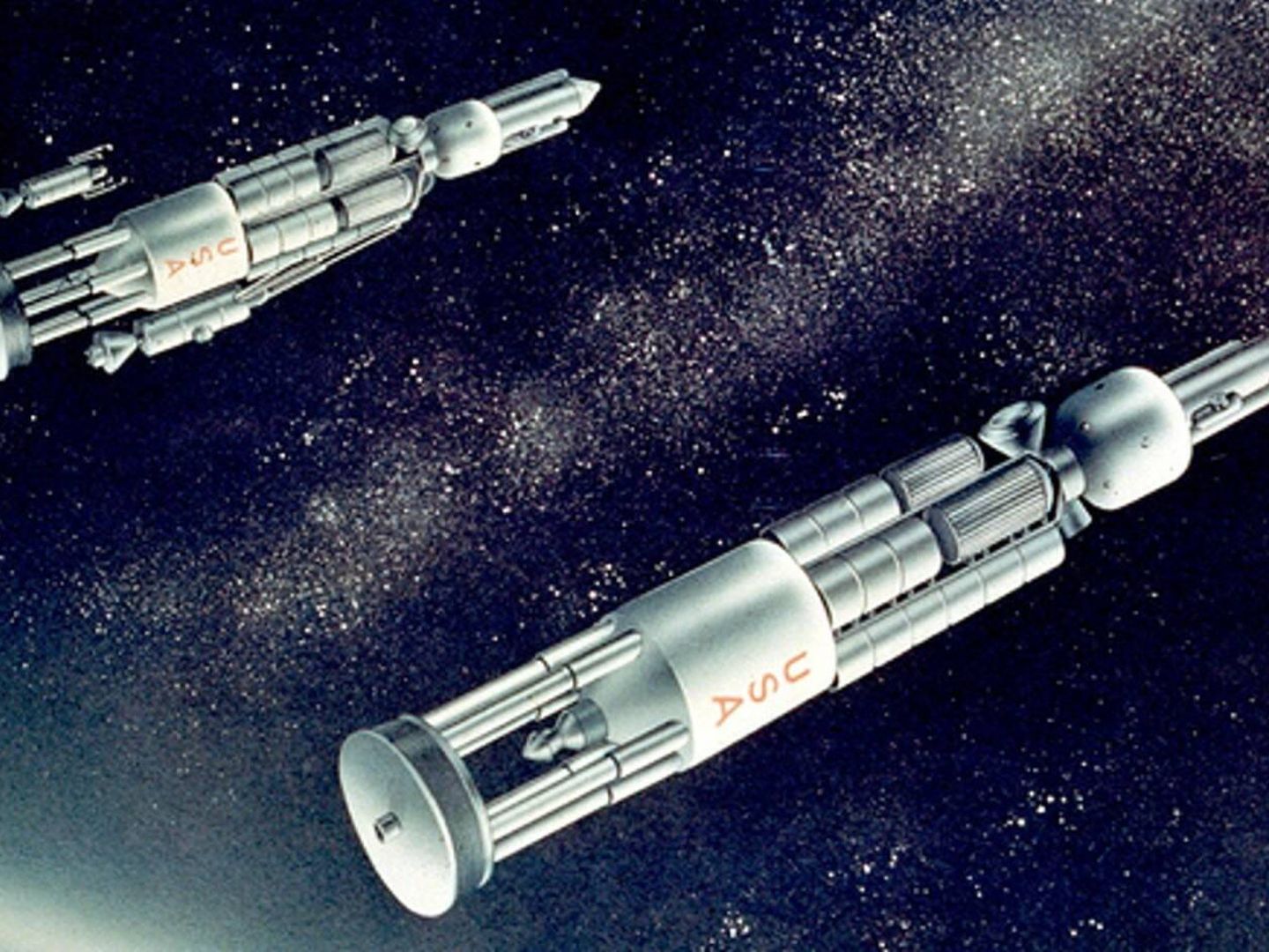 Ilustración de dos naves del proyecto Orión. En la popa puede verse el escudo que aprovecharía la onda expansiva de la explosión nuclear. (NASA)