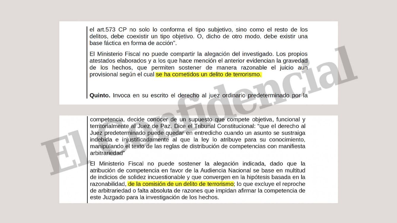 Foto: Extractos del escrito de la Fiscalía del pasado 19 de julio en el que calificaba los actos de Tsunami como terroristas.