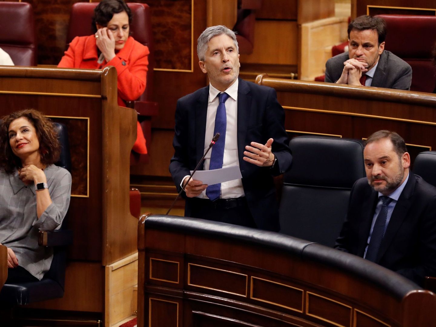 El ministro del Interior, Fernando Grande-Marlaska (c), durante la sesión de control. (EFE)
