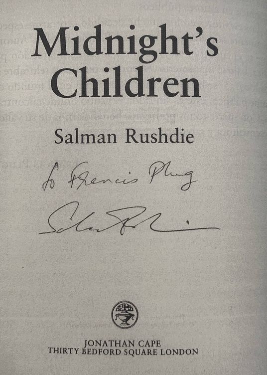 Autógrafo de Salman Rushdie a Francis Plug.  