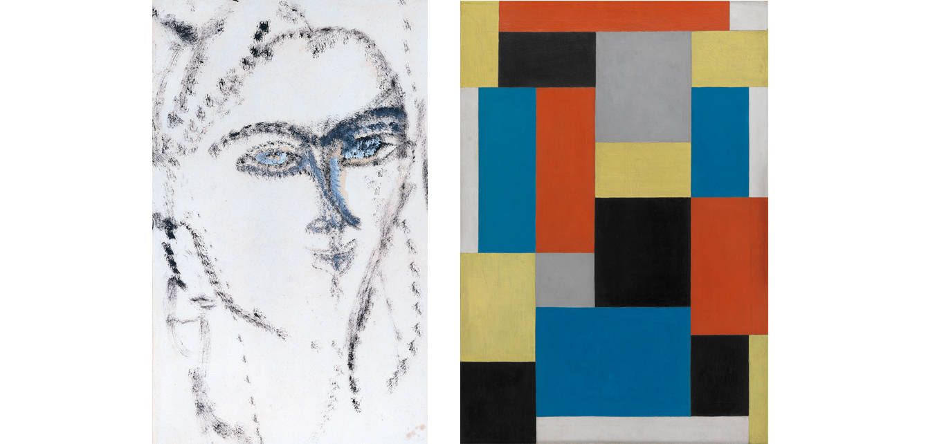 'Cabeza de Mujer, ¿Kiki?' (1915), de Amadeo Modigliani, y 'Composición XX' (1920), de Theo van Doesburg.