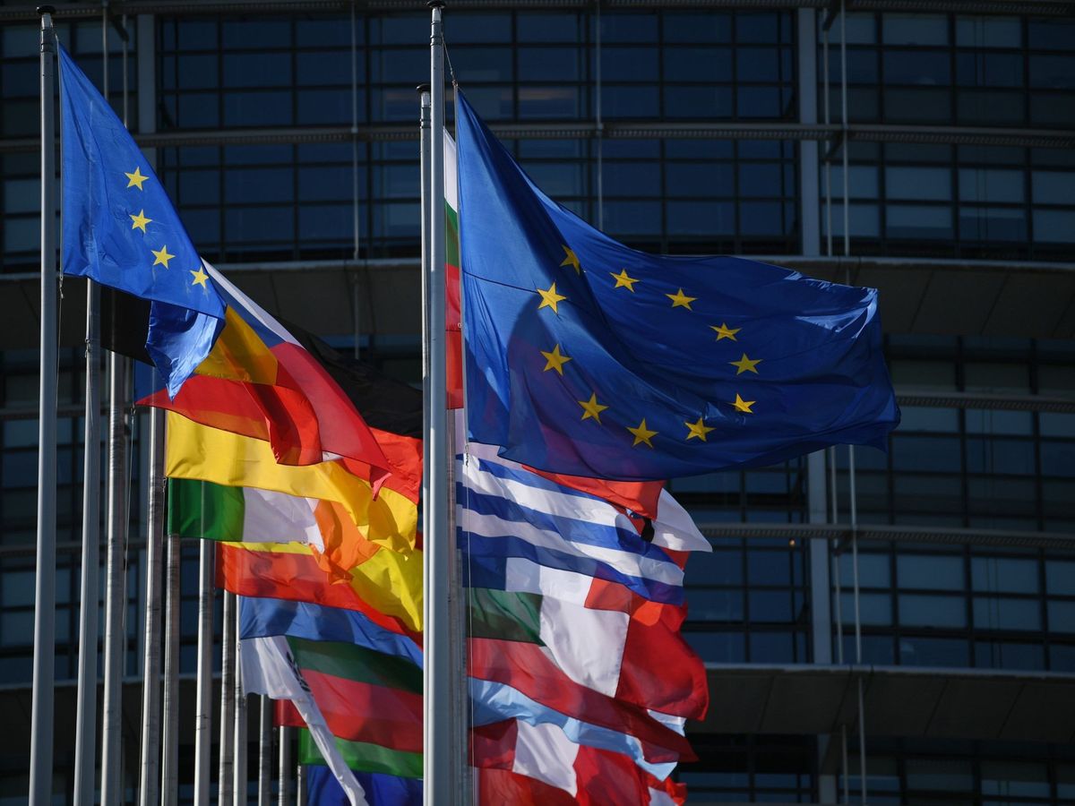 Foto: Vista exterior del Parlamento Europeo que muestra las banderas de los países miembro. (EFE)
