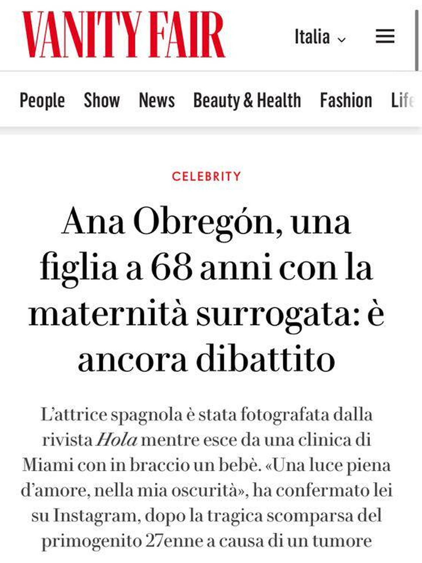 Captura de pantalla de la noticia de la edición italiana de 'Vanity Fair' sobre la maternidad de Ana Obregón.