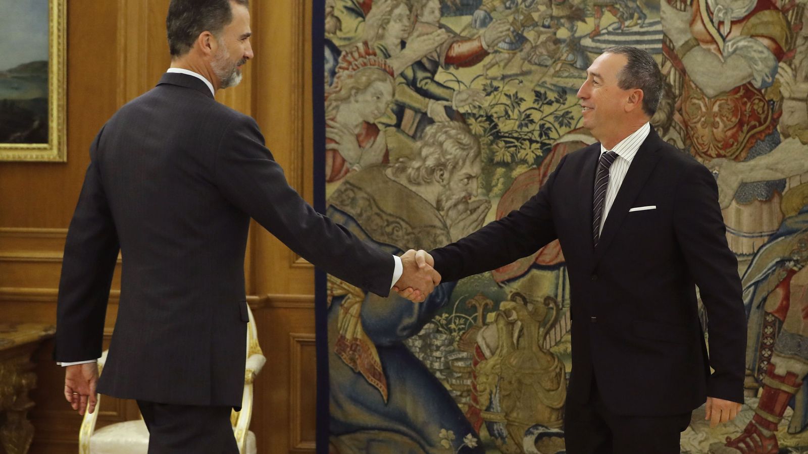 Foto: El rey Felipe VI recibe al portavoz de Compromís, Joan Baldoví, esta mañana en el Palacio de la Zarzuela. (EFE)