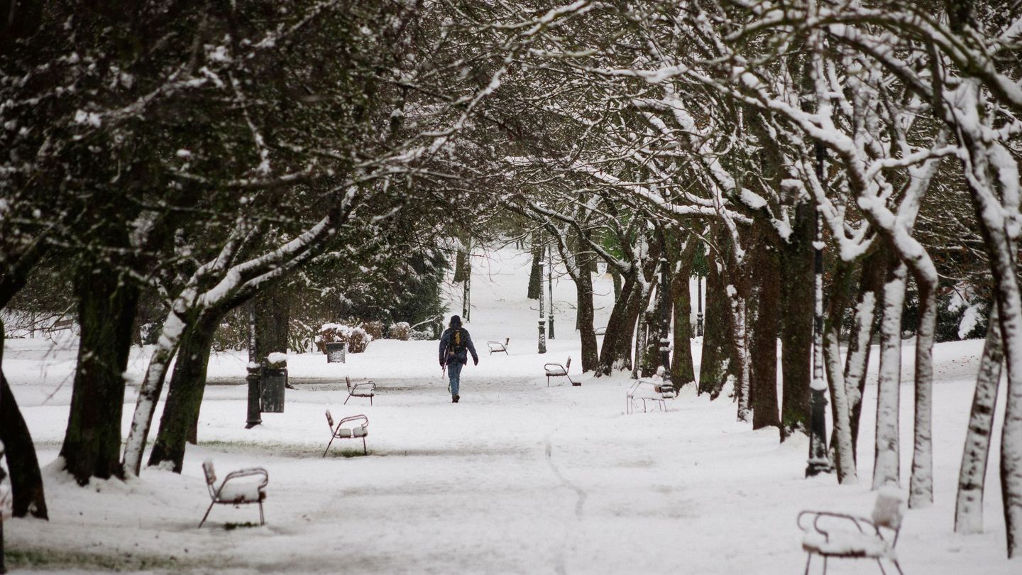 Una persona camina sobre la nieve en un parque en Vitoria. (EFE)
