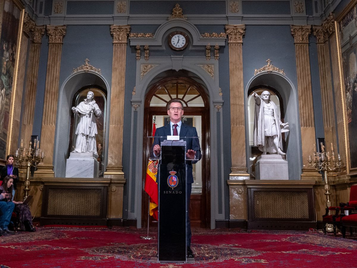 Foto: El líder del PP, Alberto Núñez Feijóo, ofrece una declaración en el Senado tras avalar Junts los decretos de Sánchez. (EFE/Fernando Villar)