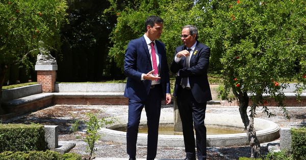 Foto: El presidente del Gobierno, Pedro Sánchez, y el de la Generalitat, Quim Torra, durante un paseo por los jardines de Moncloa. (EFE)