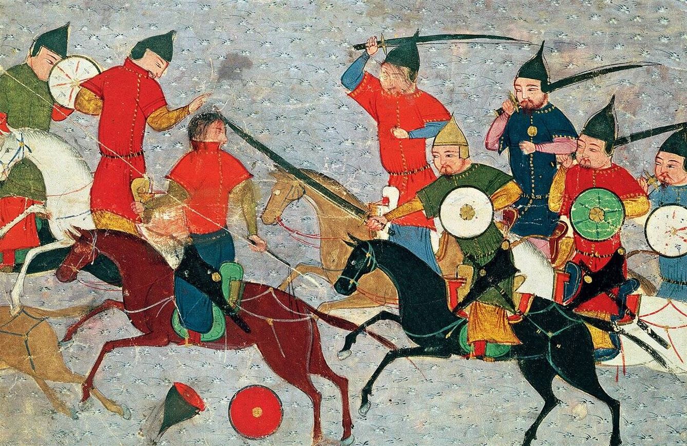 El soberano mongol pone en fuga a sus enemigos. Escena del Compendio de crónicas, de Rashid al-Din. Miniatura del siglo XIV.