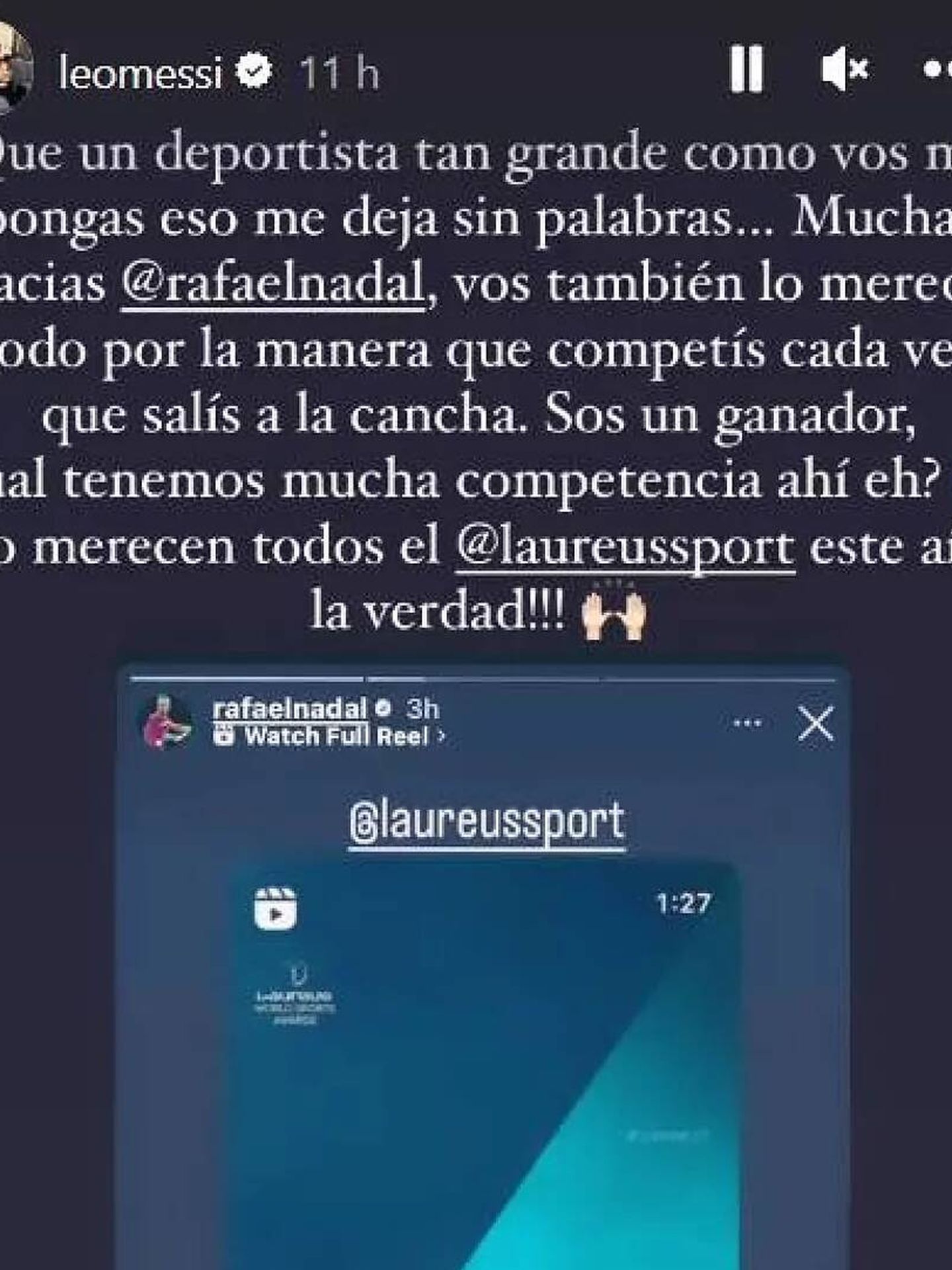 Messi responde en Instagram las alabanzas de Rafael Nadal por los premios Laureaus 2023. (Instagram).