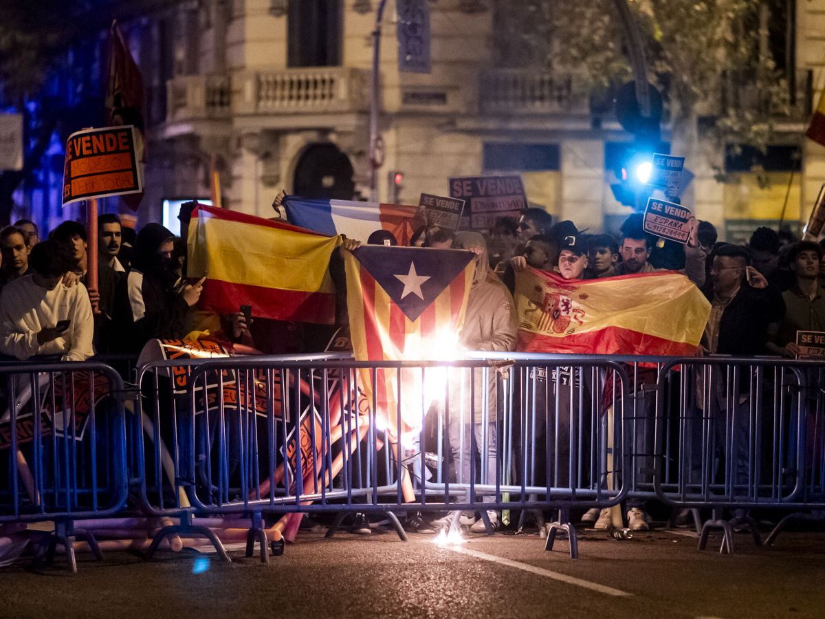 Foto: Manifestantes queman una estelada en Ferraz. (Europa Press/Pérez Meca)