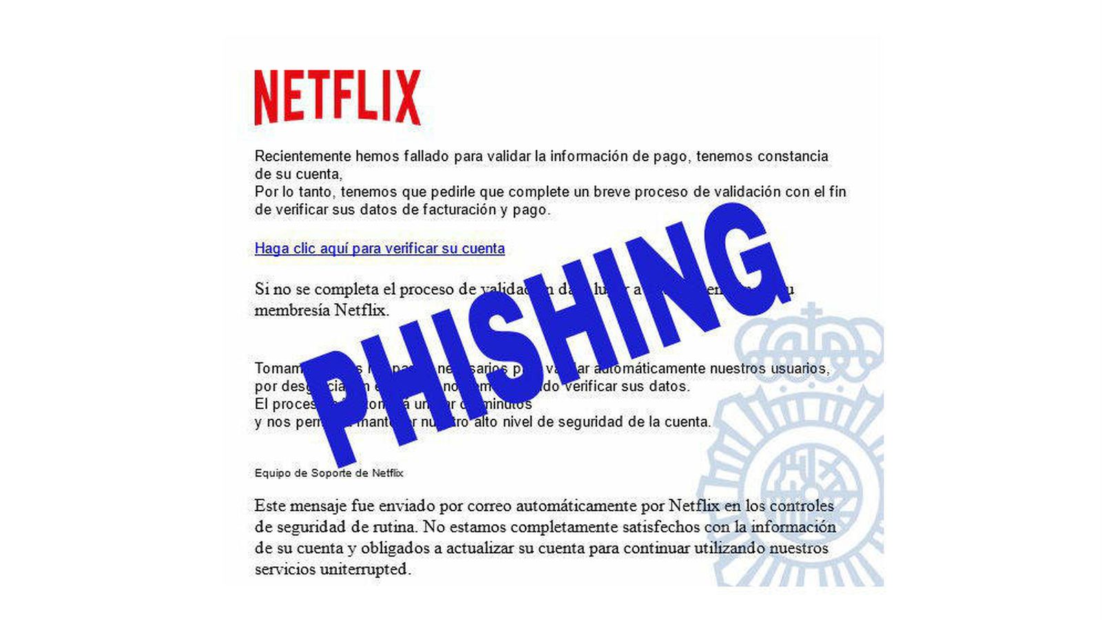 Foto: Ejemplo de 'phishing' destacado por la Policía Nacional con el logo de Netflix