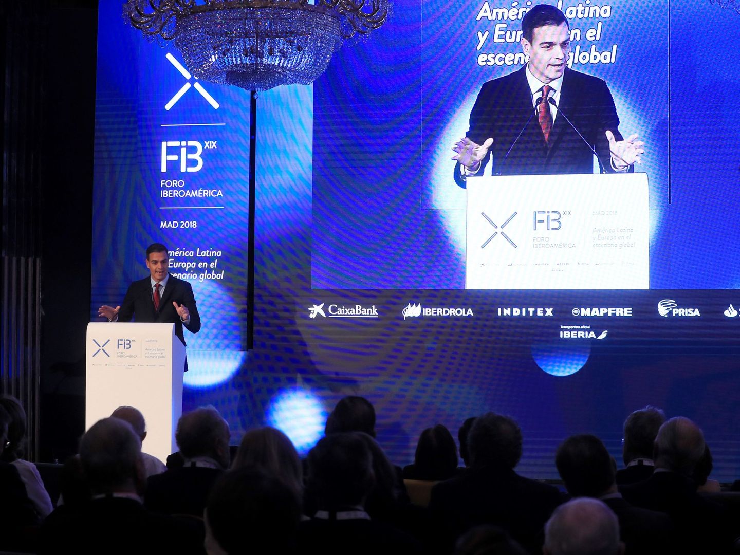 El presidente del Gobierno, Pedro Sánchez, durante su intervención este viernes en la inauguración de la XIX Edición del Foro Iberoamericano. (EFE)