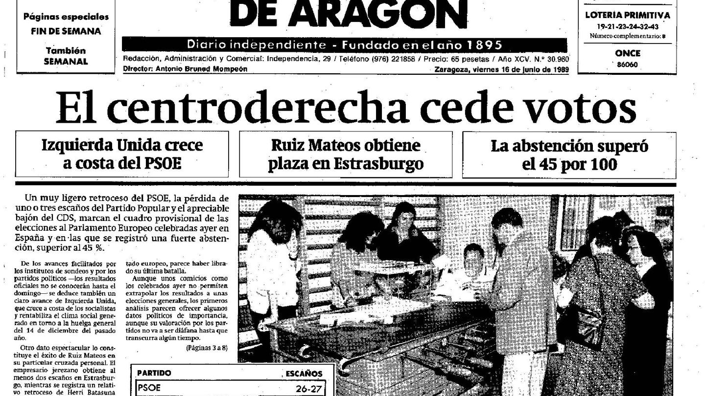 Portada de 'Heraldo de Aragón' el día de las primeras elecciones democráticas en las que aparece un futbolín Val usado como mesa electoral. 