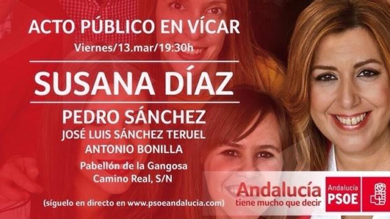 Foto: Cartel de promoción del mitin de Susana Díaz en Vícar (Almería), con la presencia de Pedro Sánchez