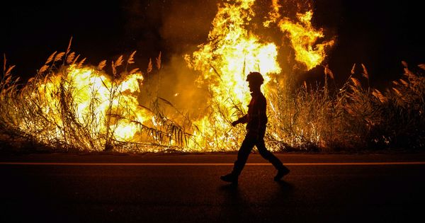 Foto: Un bombero camina junto a uno de los focos durante las tareas de extinción en Caldas da Rainha, Portugal. (EFE)