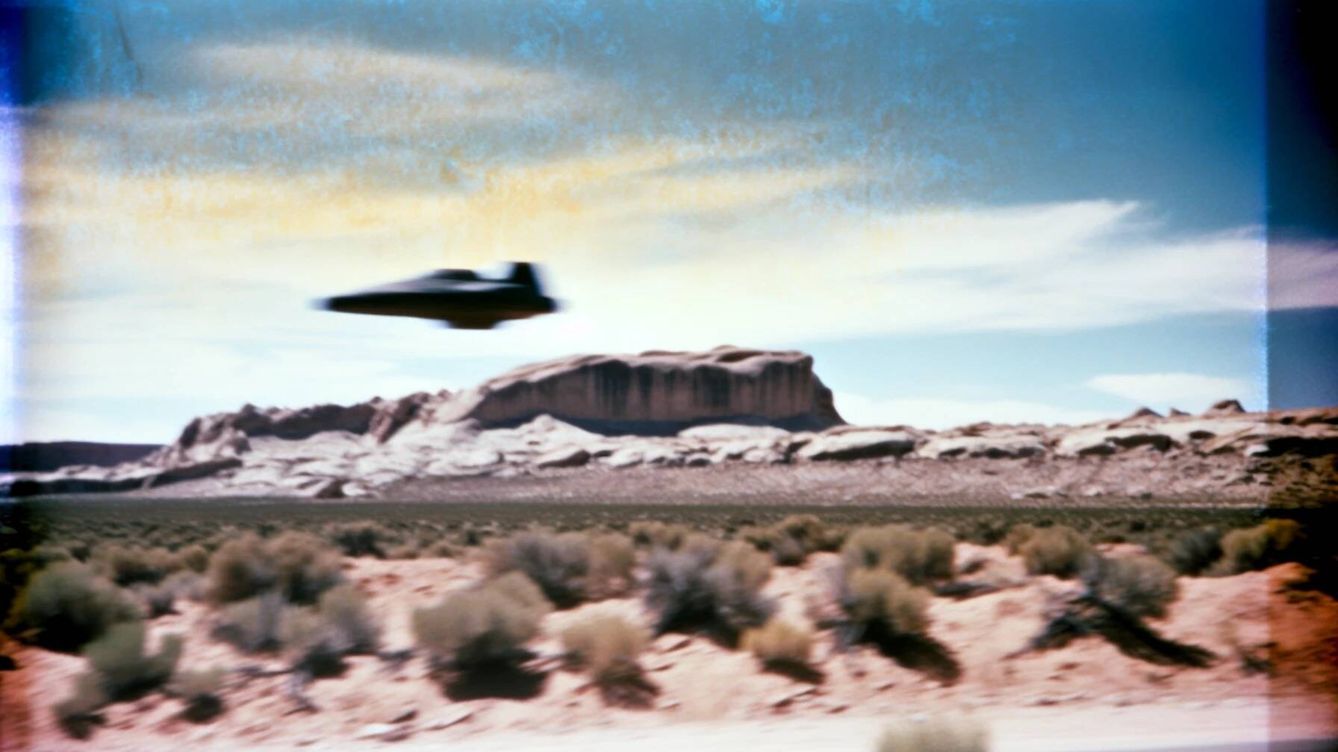 Foto: Recreación de un avistamiento de objeto volante no identificado en el desierto de Nevada generado con inteligencia artificial. (Inteligencia artificial/Novaceno)