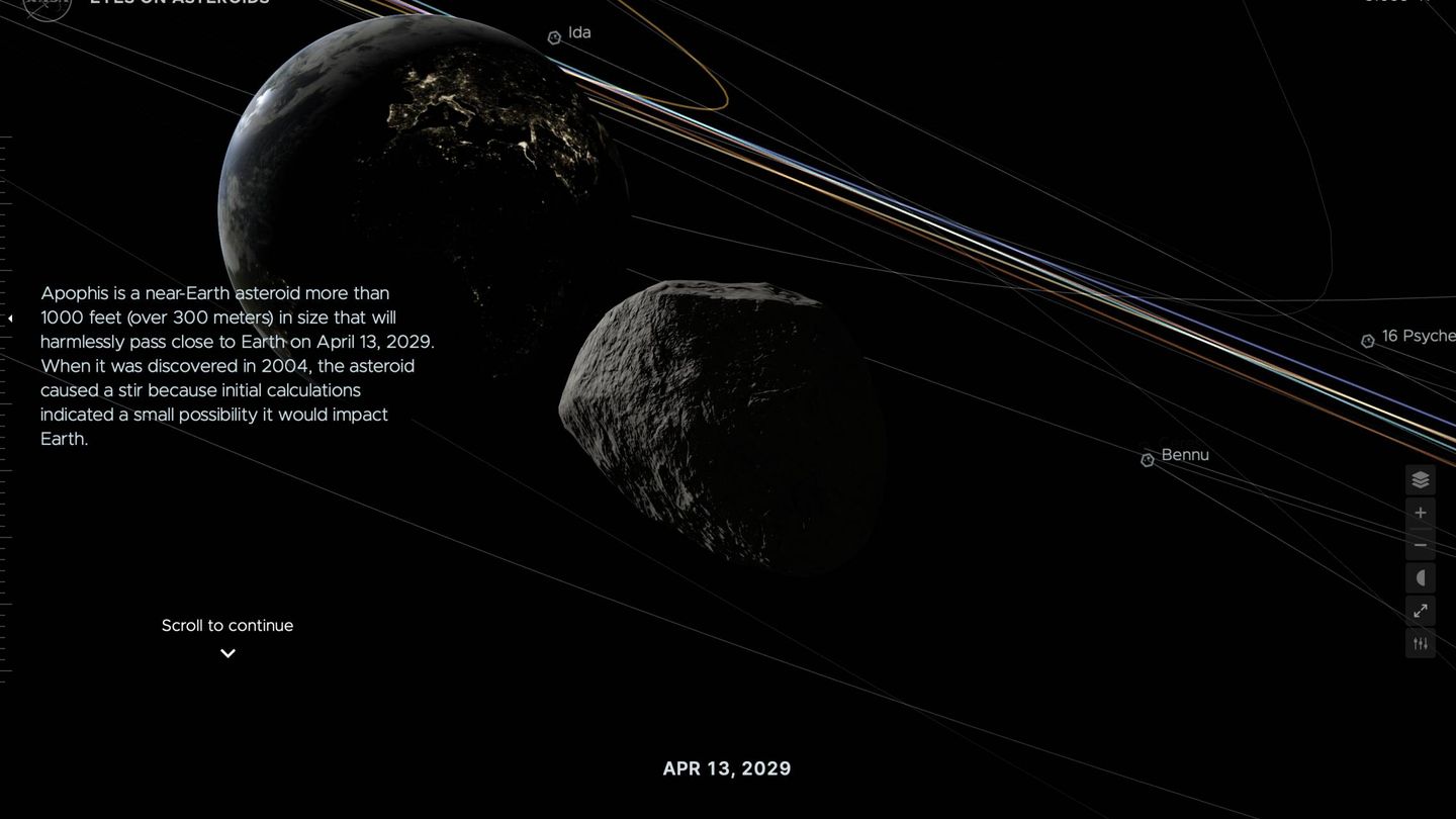 Apophis en su aproximación a la Tierra en abril de 2029 según la herramienta del JPL (NASA)