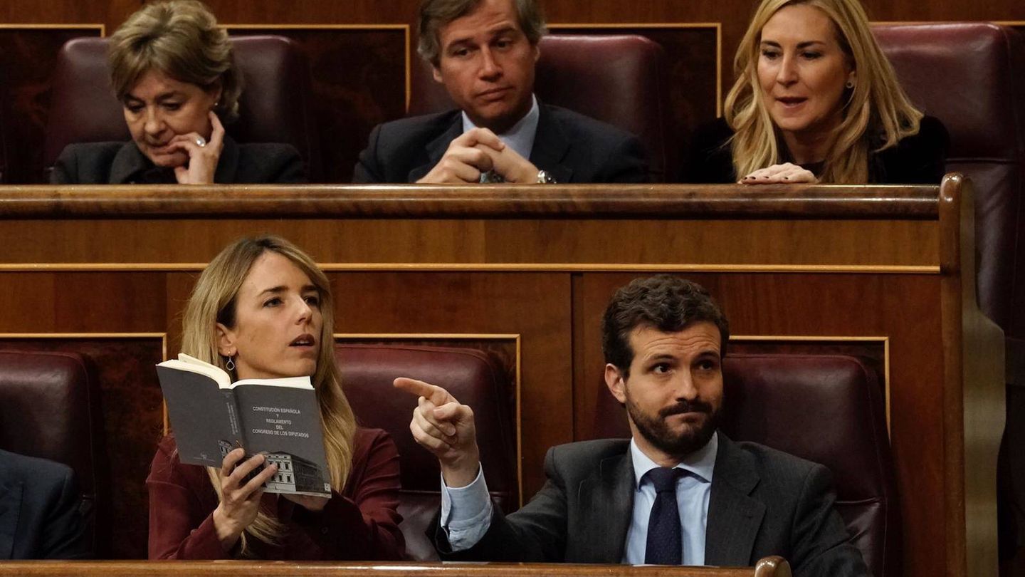 Cayetana Álvarez de Toledo (PP), con una Constitución en la mano, tratando de tener la palabra en medio de la intervención de Aizpurua (PP)