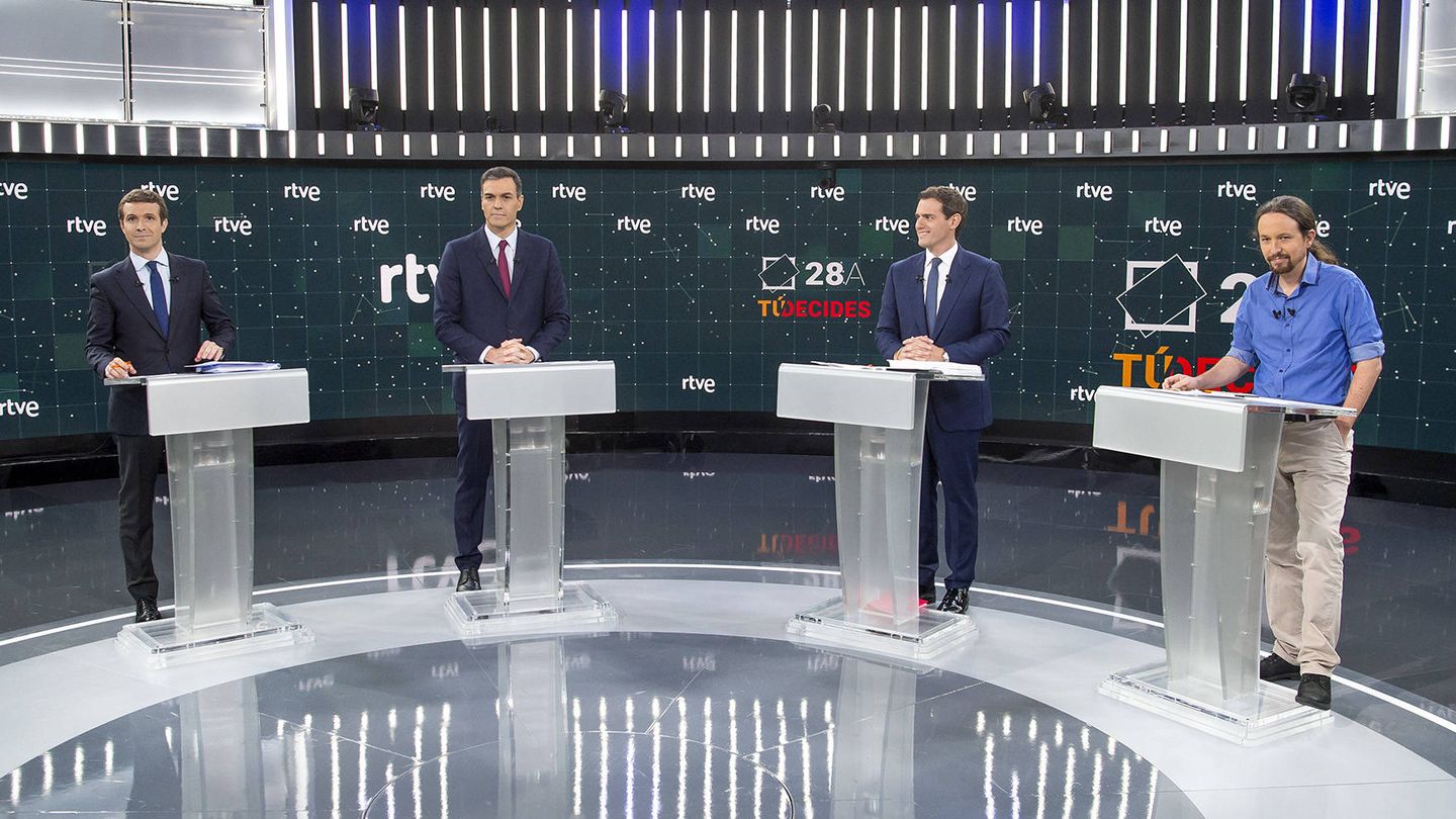 Pablo Casado, Pedro Sánchez, Albert Rivera y Pablo Iglesias, durante el pasado debate del 22 de abril. (RTVE)