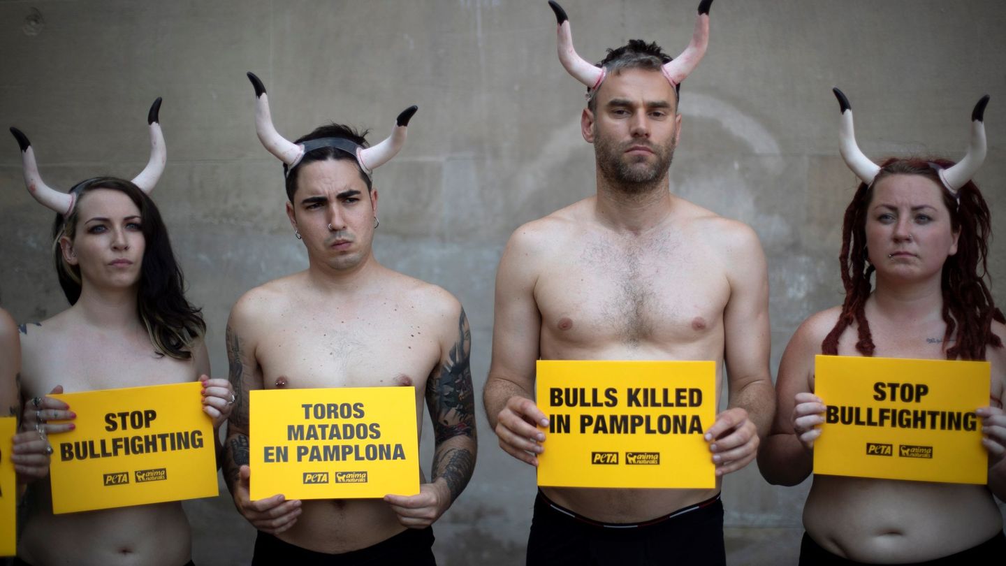 Colectivos animalistas protestan contra la tauromaquia en Pamplona. (EFE)