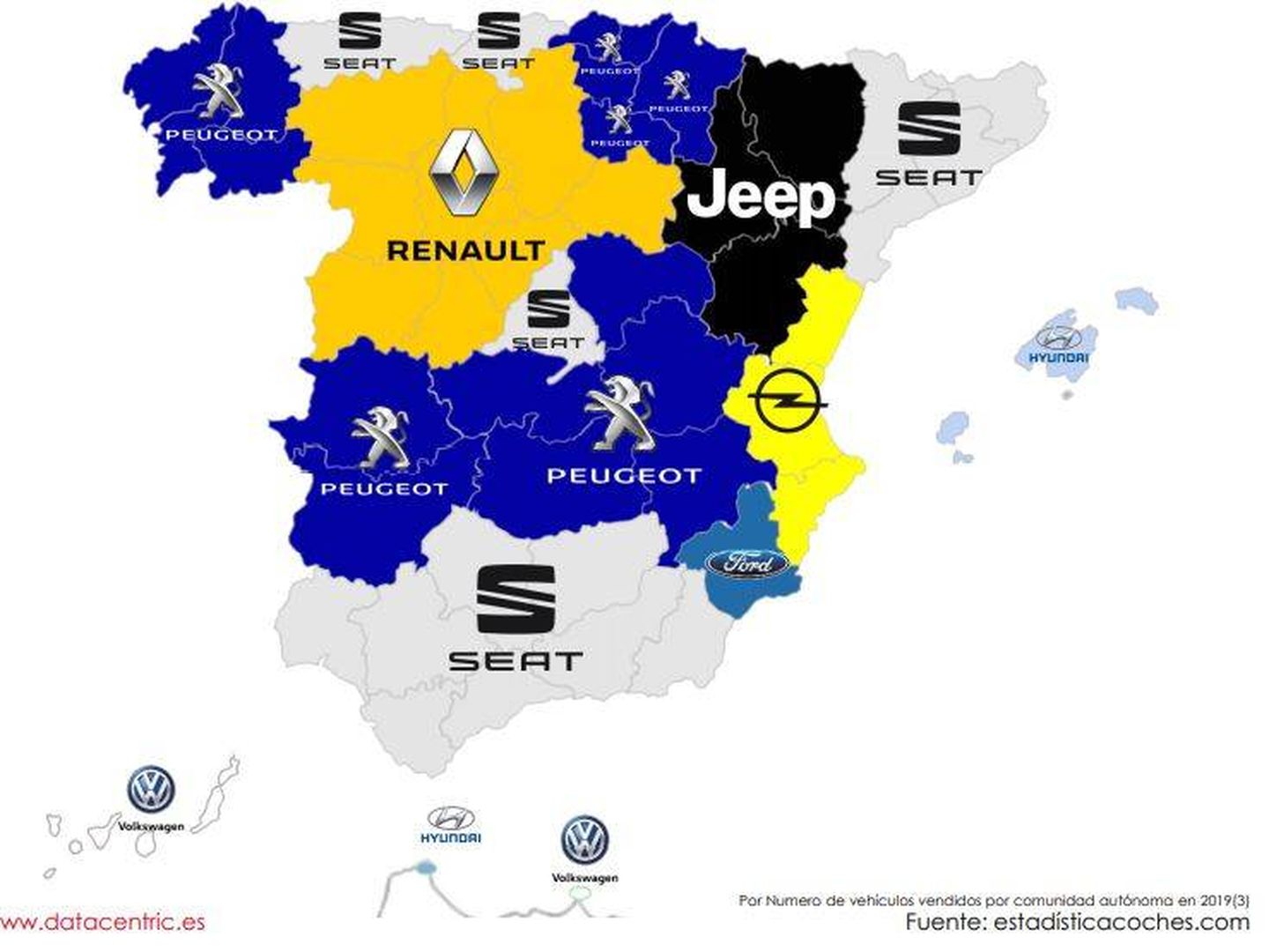 Las marcas de coches más elegidas por los españoles en 2019, según las ventas. (DataCentric)