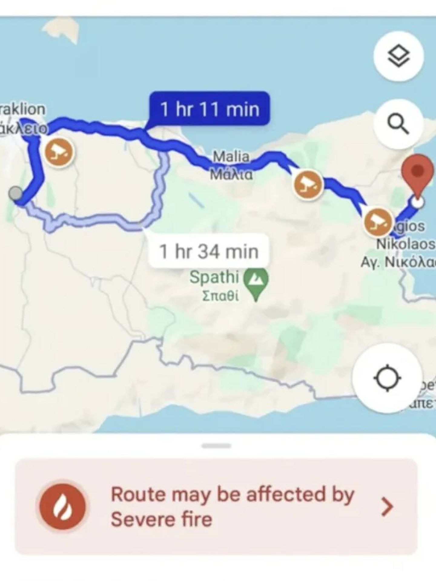 Así indica Google Maps que una ruta se ha visto afectada por las llamas (Google)