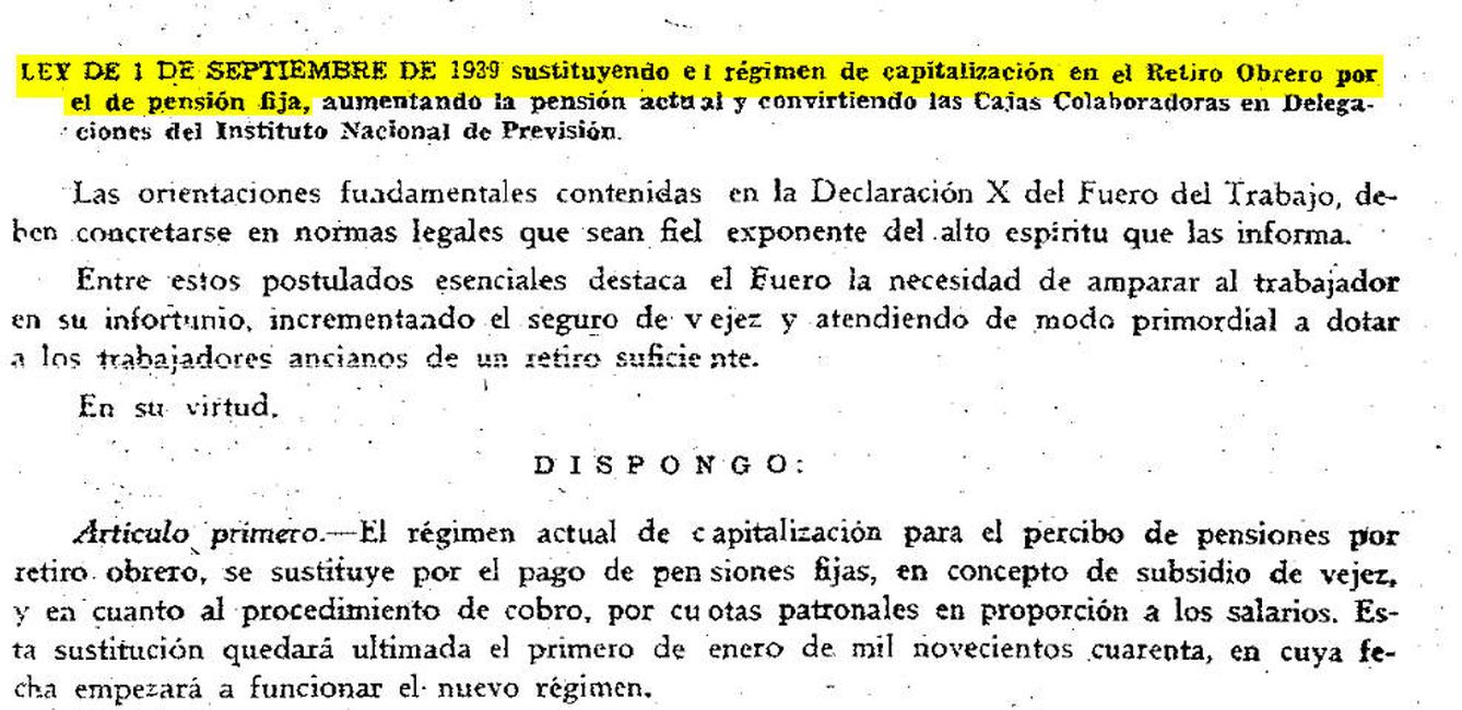 Ley de 1 de septiembre de 1939, que sustituye el sistema de capitalización vigente por el de reparto. Obsérvese lo explícito del título, en amarillo.