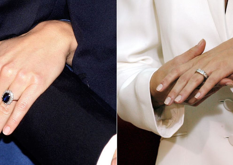 Foto: A la izquierda, el anillo de zafiro de Kate Middleton. A la derecha, el de la princesa de Asturias (Gtres)