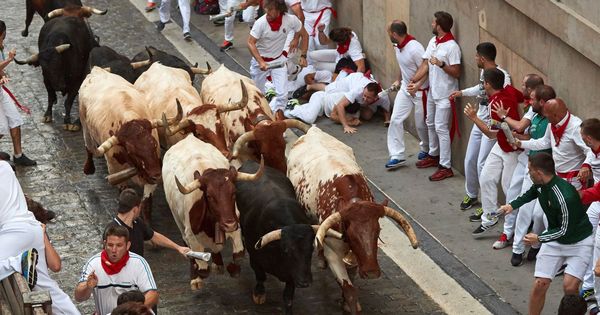 Foto: os toros de la ganadería madrileña de Victoriano del Río Cortés a su paso por la Cuesta de Santo Domingo. (EFE)